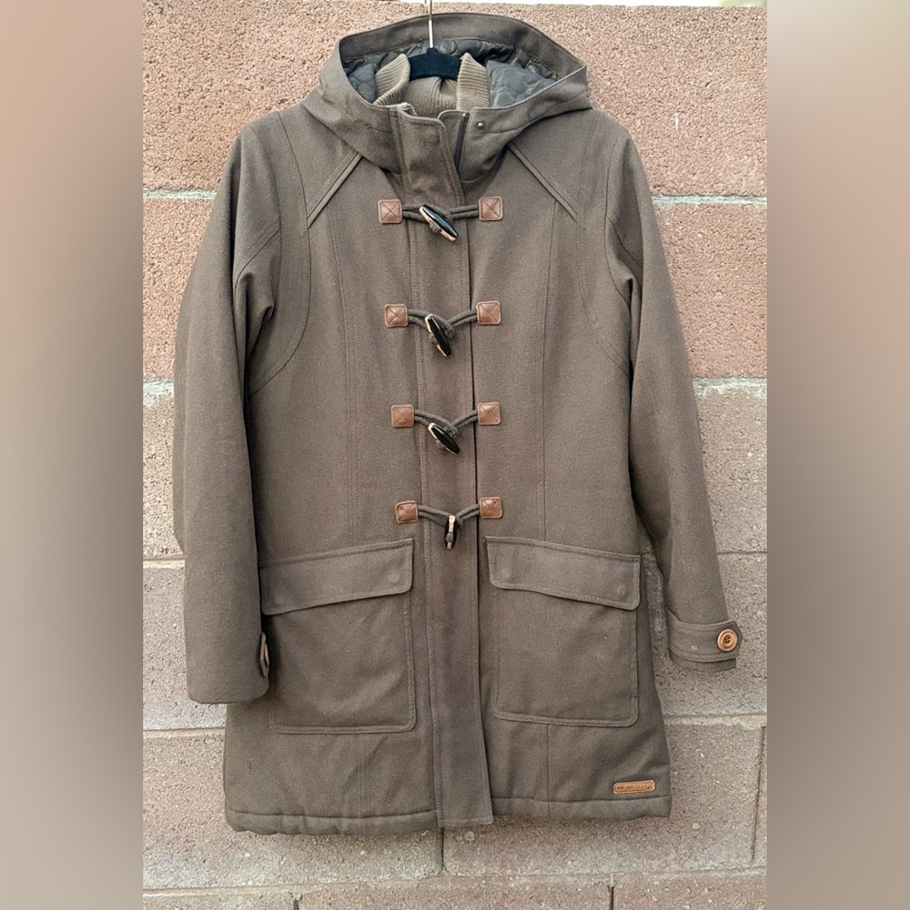 Merrell Womens M Opti-Warm Duffle Coat Hooded Full Zip Toggle  Quilt Lined Green